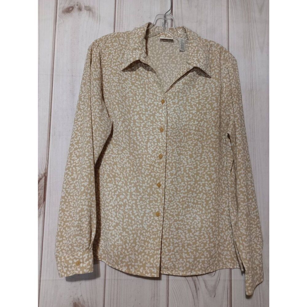 Covington Womens Tan White Floral Leaf Print Button Down Shirt Size L 14-16